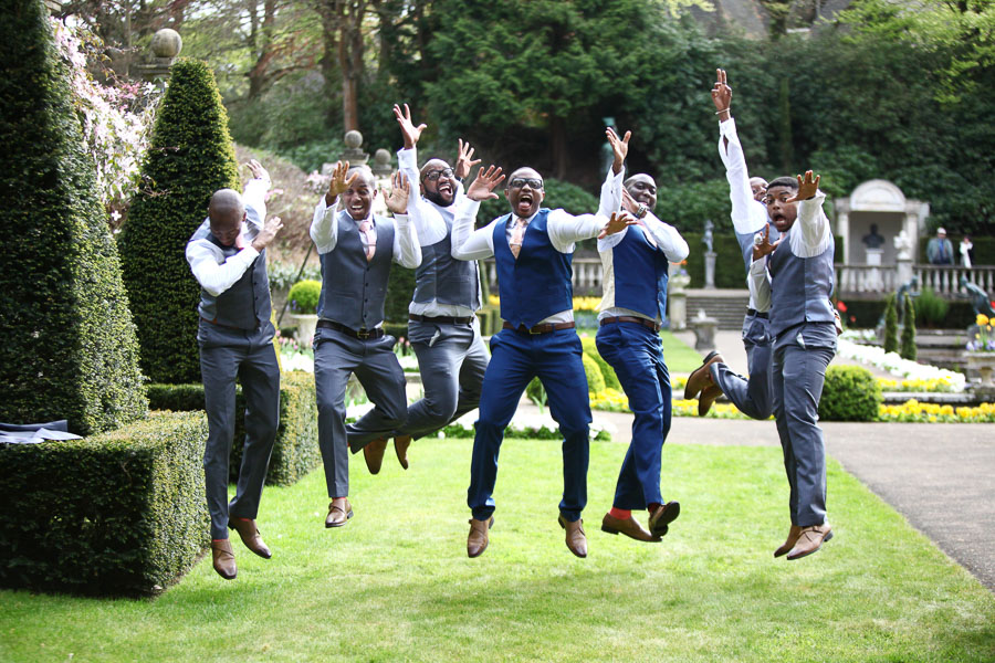 Italian Villa wedding photo, Groomsmen jumping