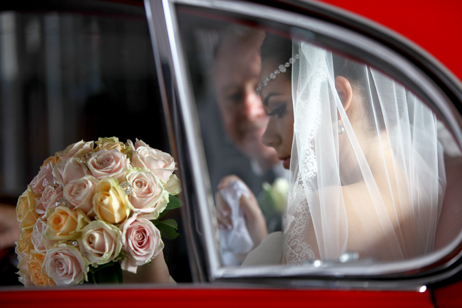 Bride arriving at her wedding in Bournemouth Dorset