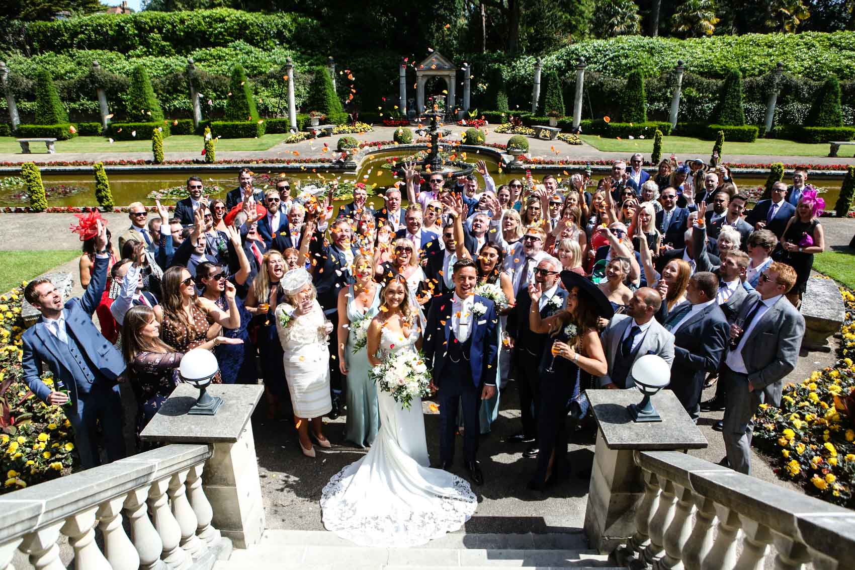 Big group confetti photo at the Italian Villa in Poole Dorset