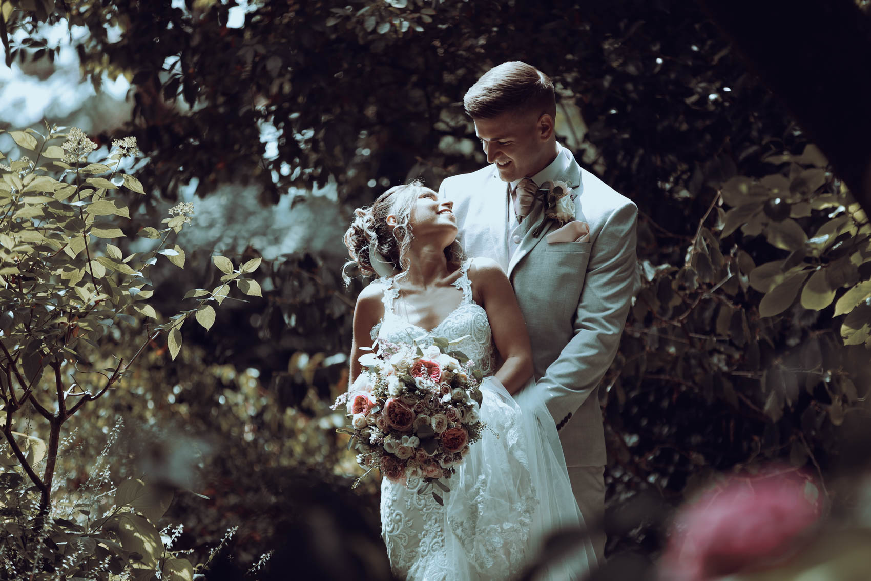 Italian Villa Poole Dorset bride and groom in Japanese gardens